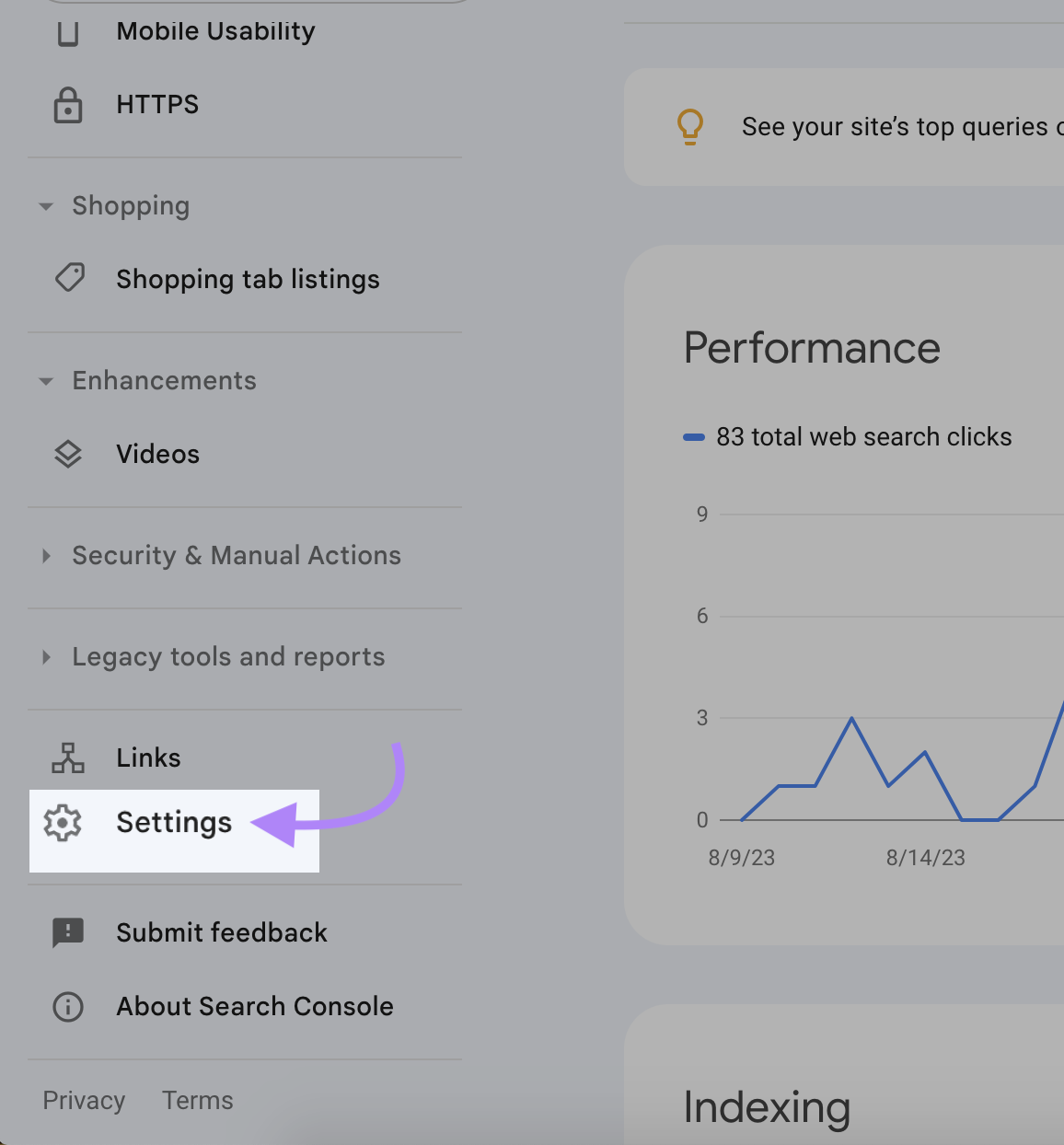 “Settings” button highlighted in Search Console menu on the left