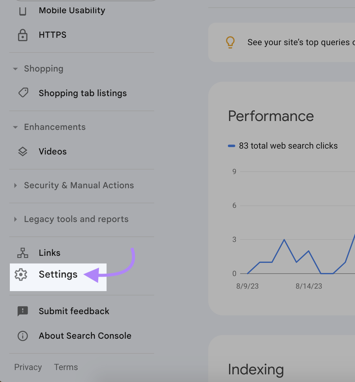 Botón "Configuración" resaltado en el menú de la izquierda de Search Console