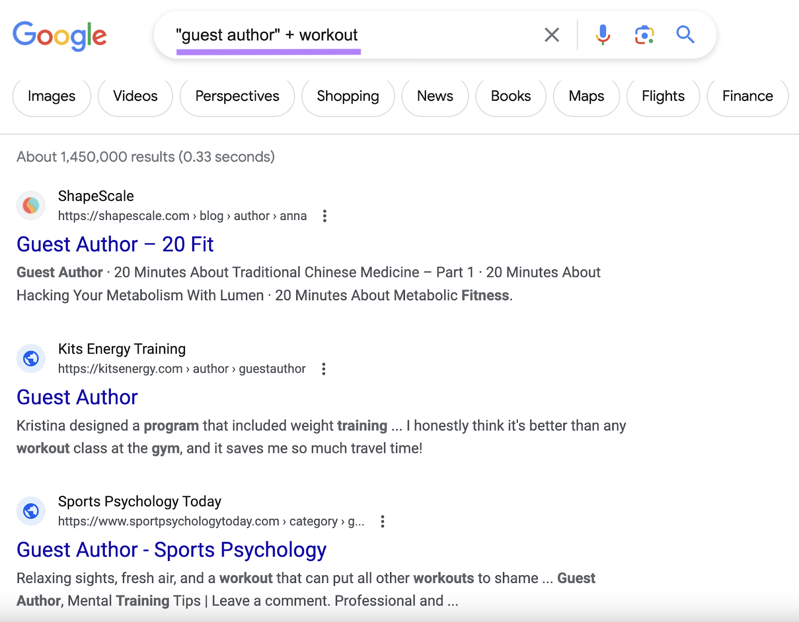 Google's SERP for ""guest author” + workout" query