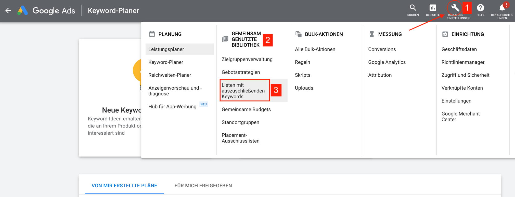 Auszuschließende Keywords im Google Ads Keyword Planner