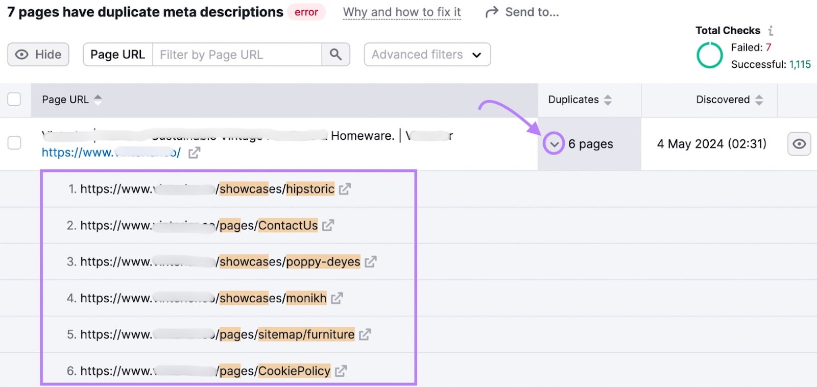 Semrush Site Audit showing duplicate pages with the aforesaid  meta description