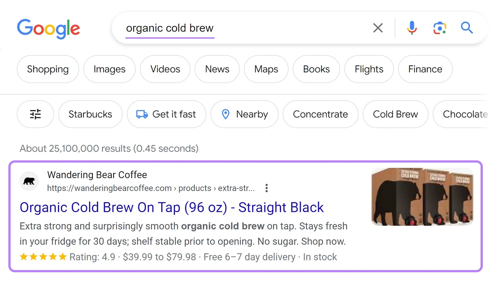 Wandering Bear Coffee appears on top of Google SERP for “،ic cold brew" search