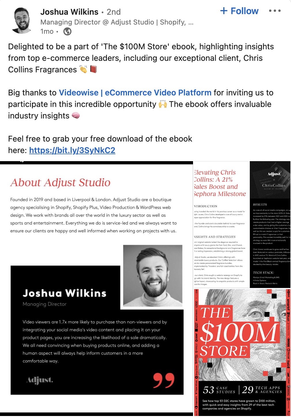 Joushua Wilkins' post on LinkedIn sharing the collaboration with Videowise