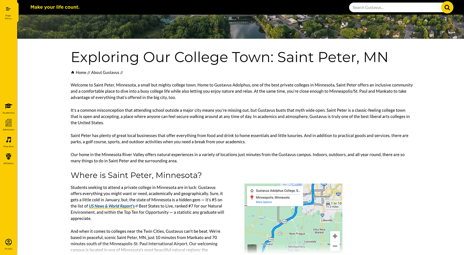 Gustavus Adolphus College local page about Saint Peter, Minnesota.