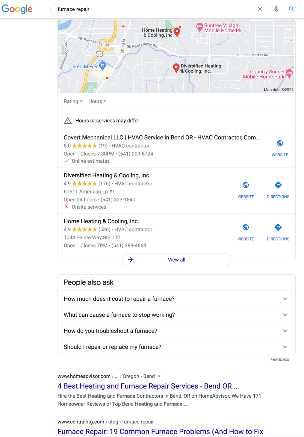 Lokales Google-Suchergebnis furnace repair