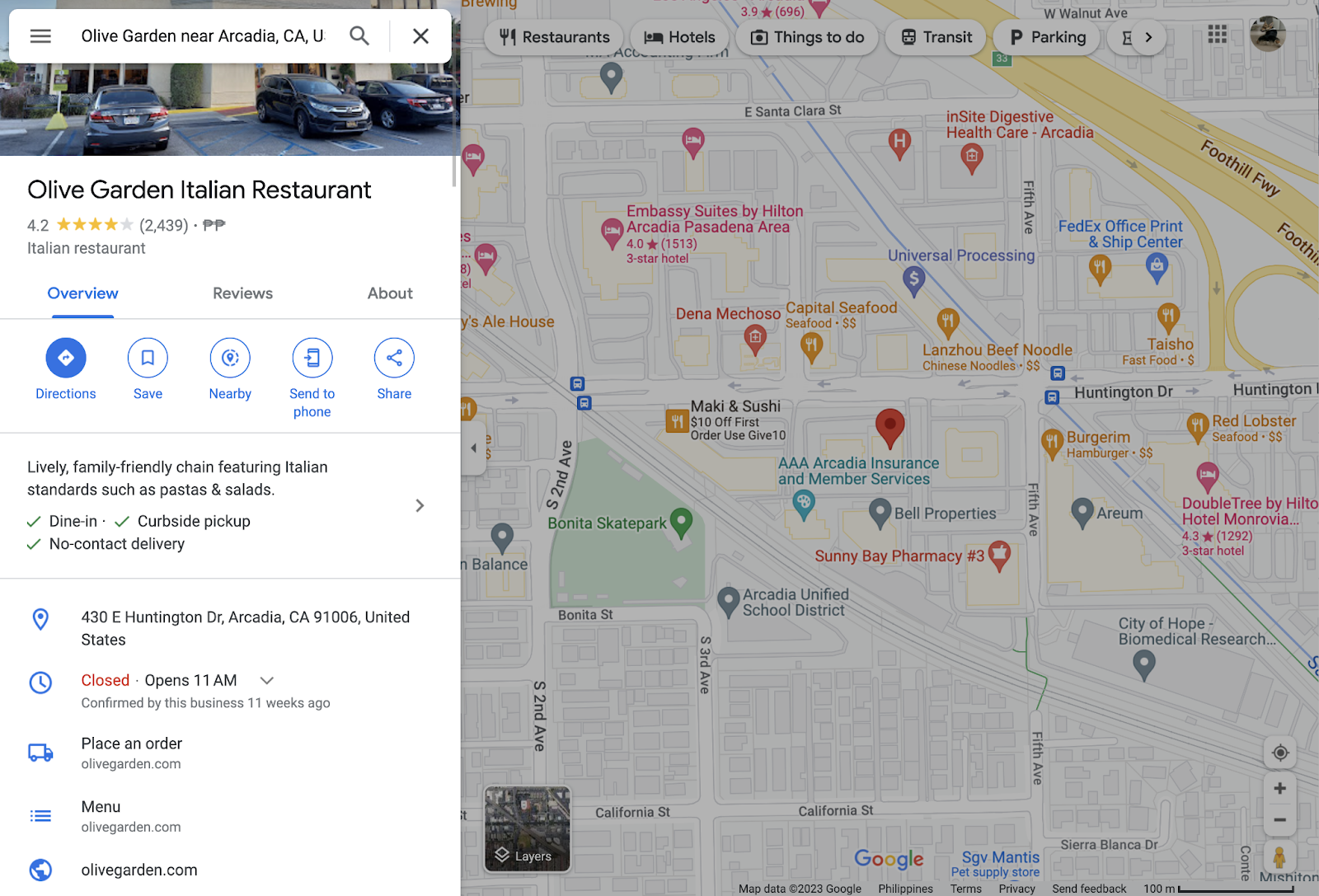 Olive Garden’s connected  Google Maps