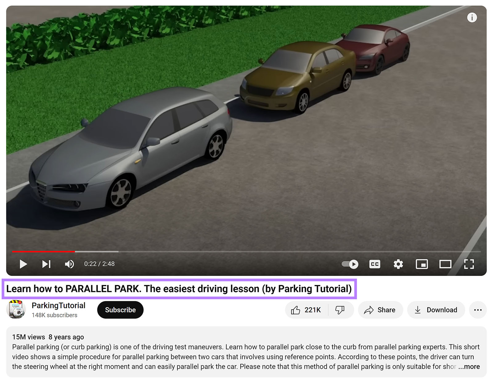 Engaging YouTube video title on parallel parking with video title highlighted.