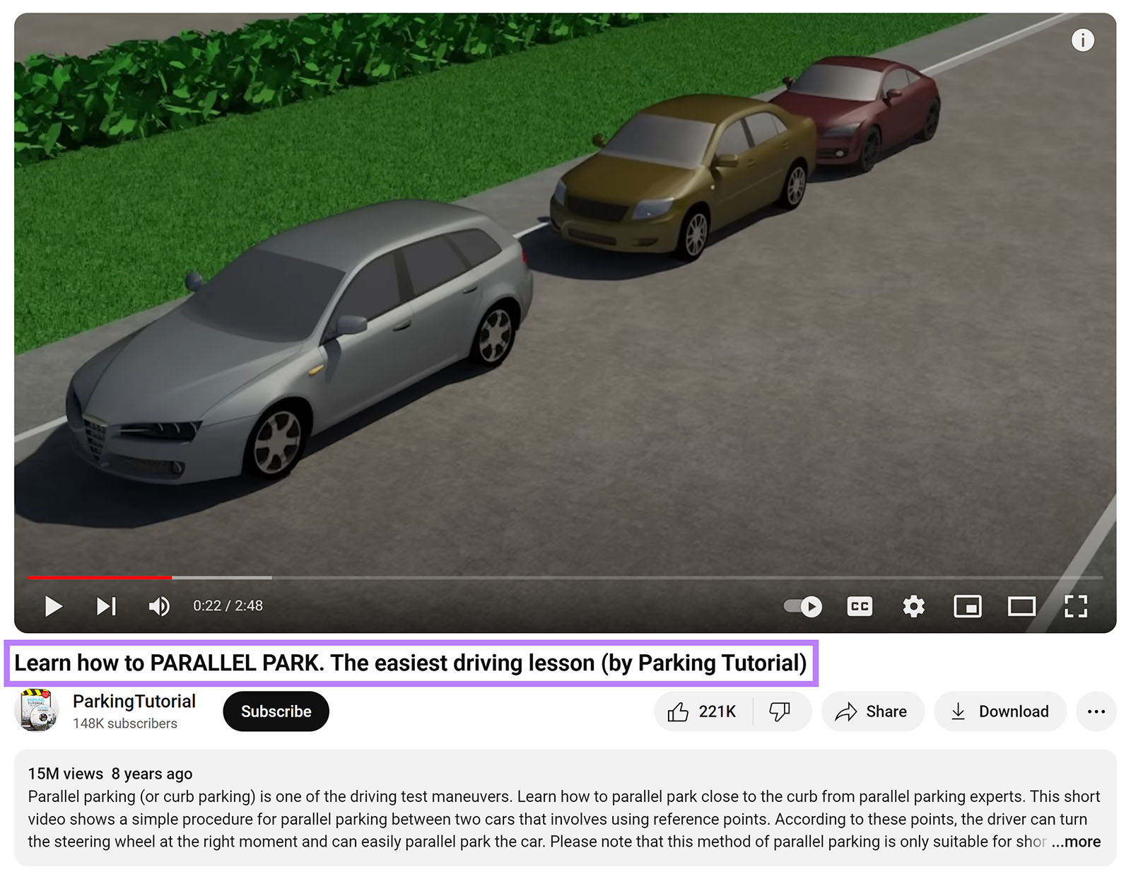 Engaging YouTube video rubric  connected  parallel parking with video rubric  highlighted.