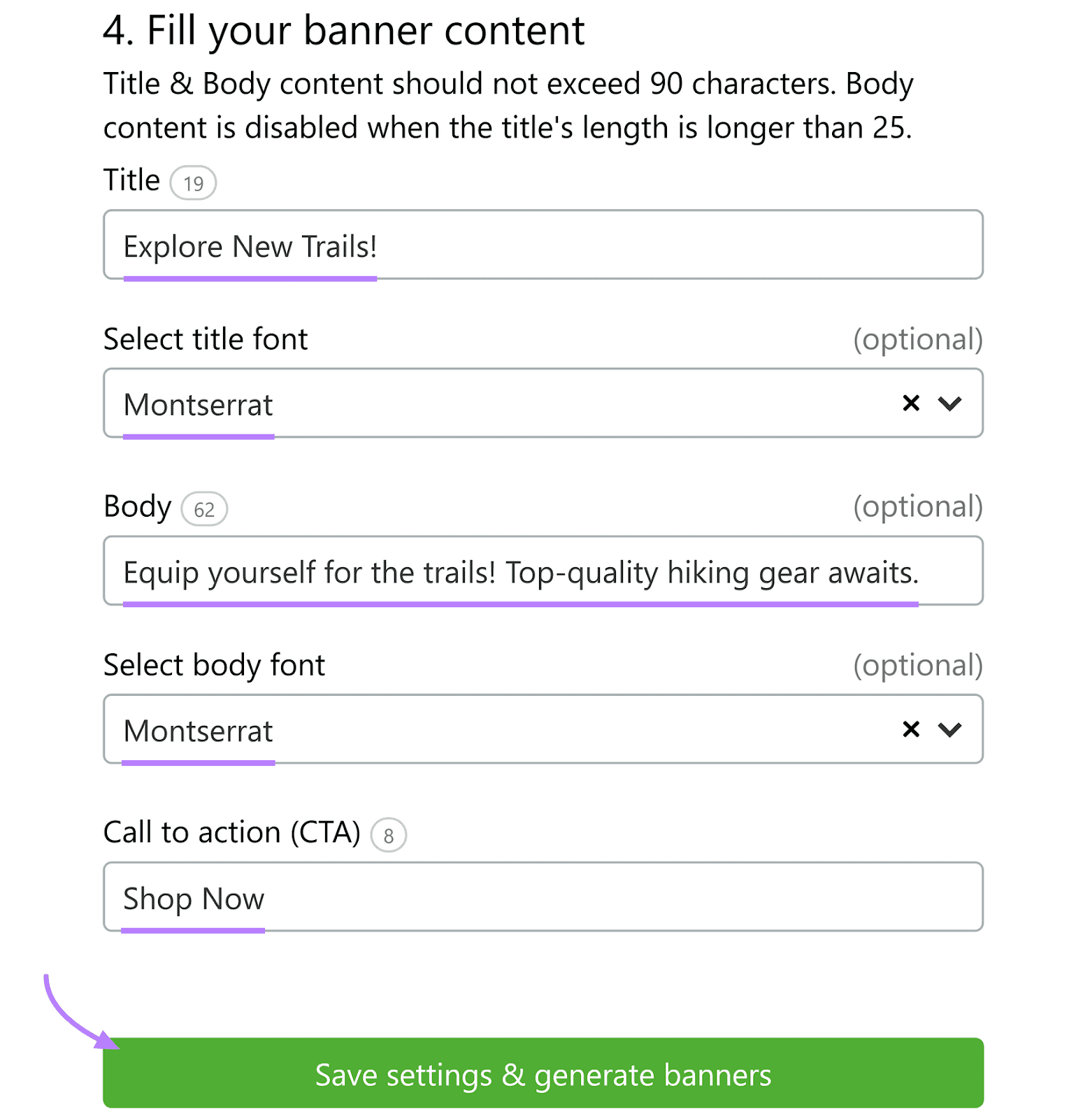 Instant Banner Generator interface for creating banner contented  with fields for title, body, and telephone  to enactment   text.