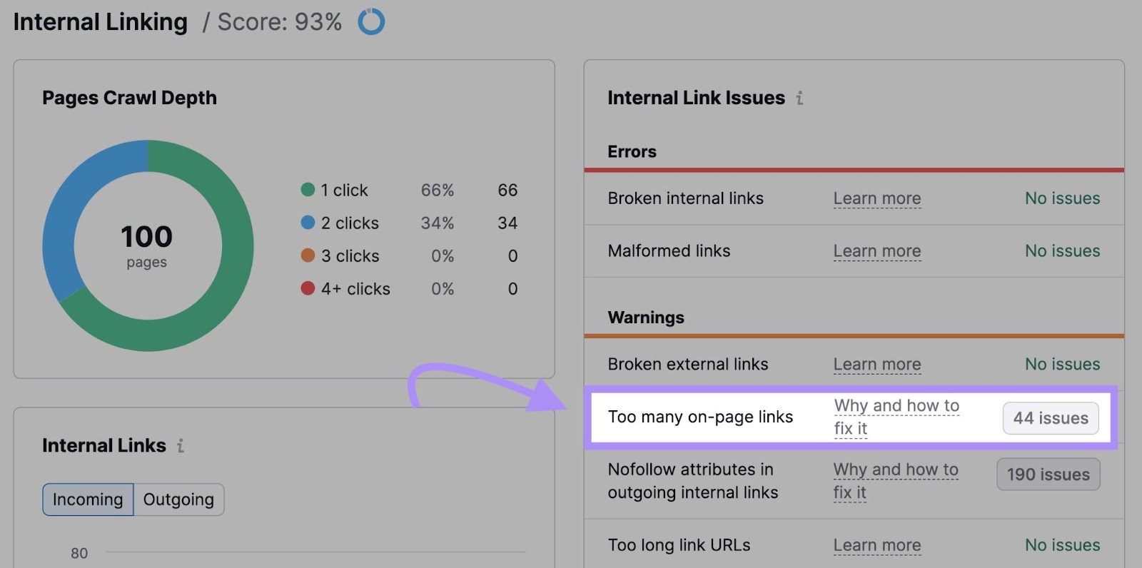 "Too many on-page links" result highlighted under "Internal Linking" report