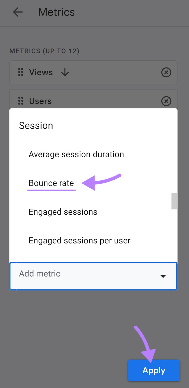 “Bounce rate" selected from the "Add metric" drop-down menu