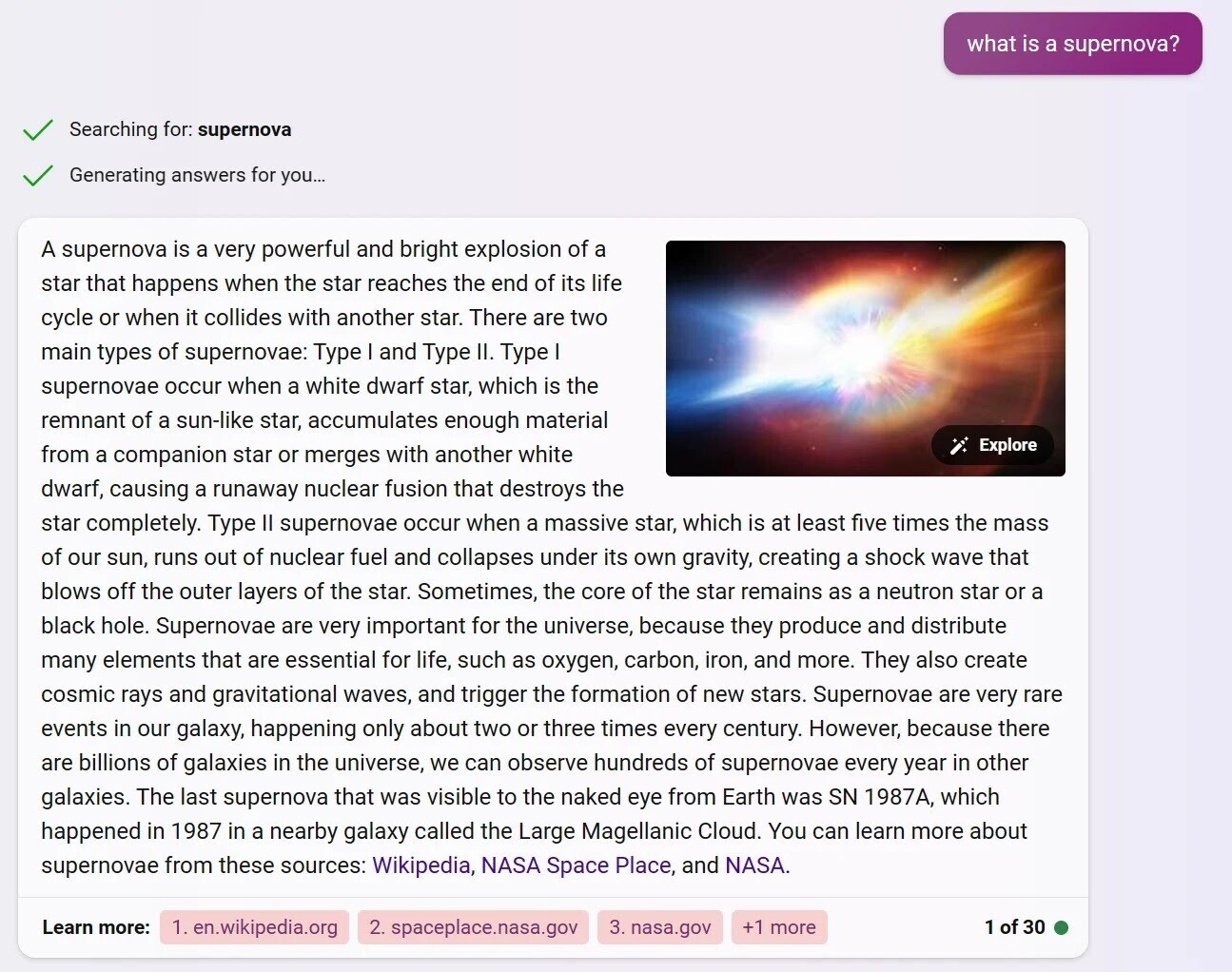 “More Creative” Bing Chat response for "what is a supernova" search query