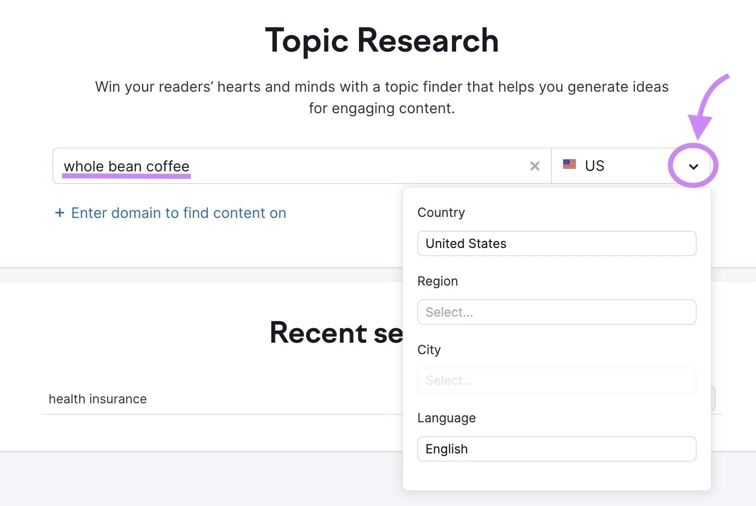 Searching for “whole bean coffee” in the US with Topic Research tool
