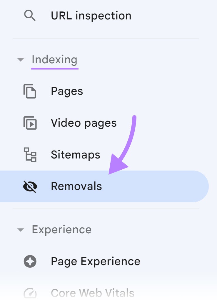 "Removals" selected from Google Search Console menu