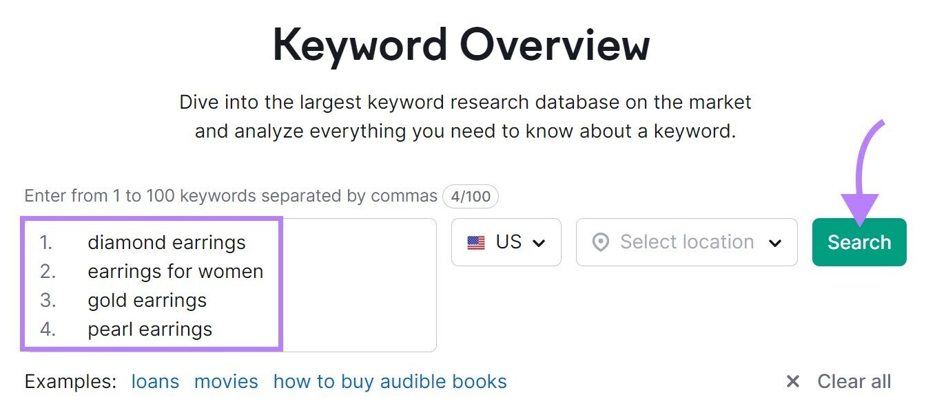 "diamond earrings," "earrings for women," "gold earrings," and "pearl earrings" entered in Keyword Overview tool search bar