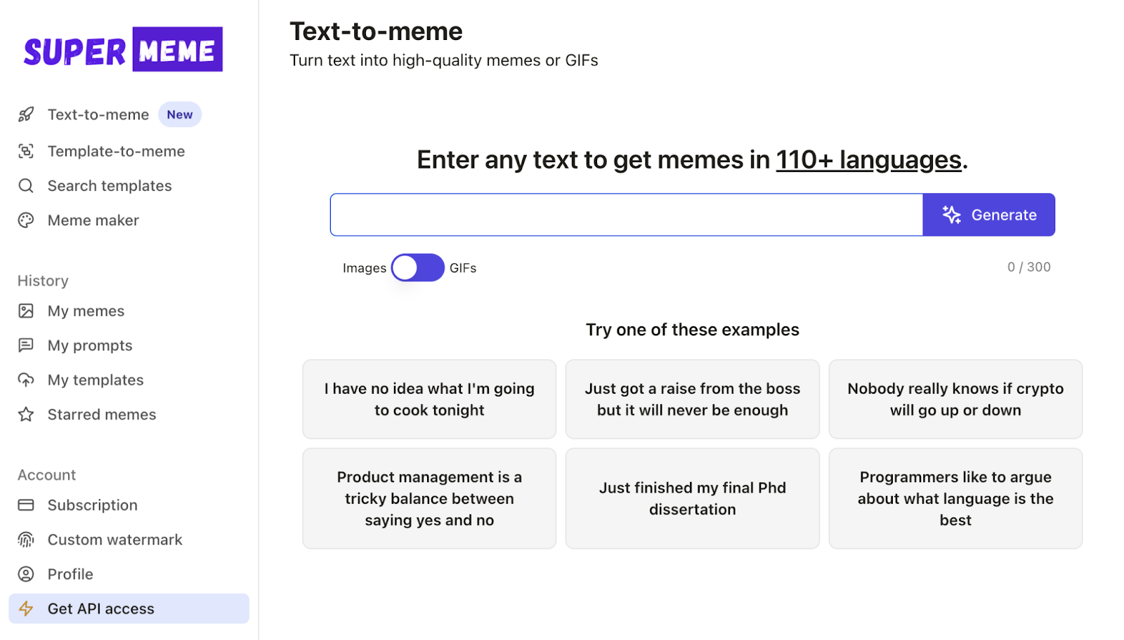 This visual tool has options to create text-to-meme, template-to-meme, and AI generated memes.