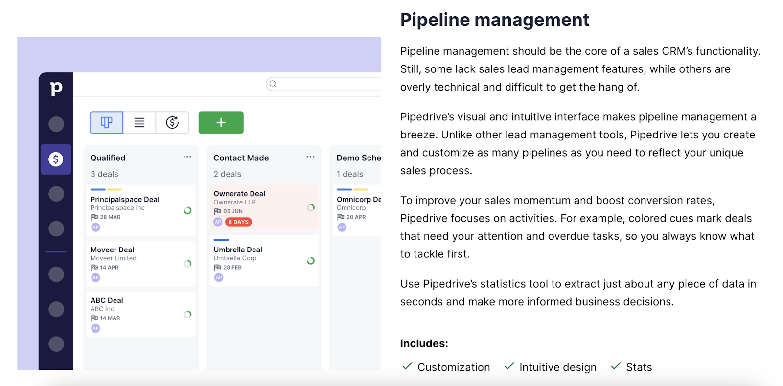 pipedrive homepage shows pipeline management in product