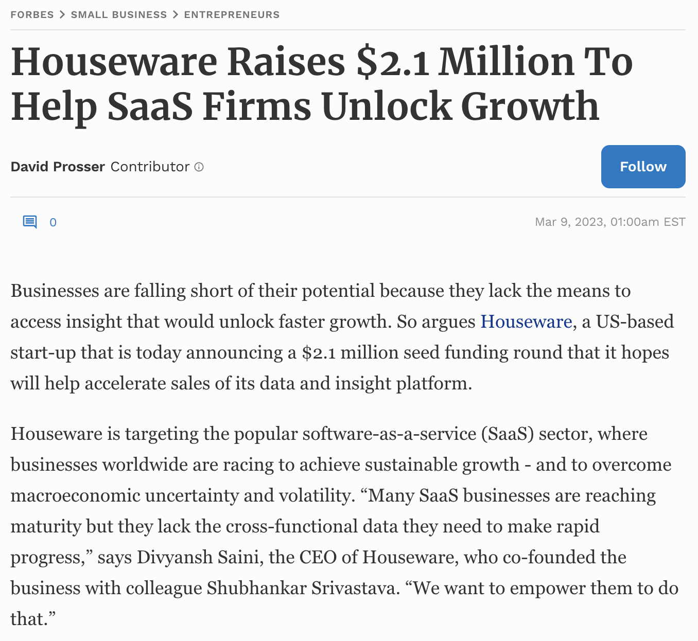 Forbes's article titled "Houseware raises $2.1 million to help SaaS firms unlock growth"