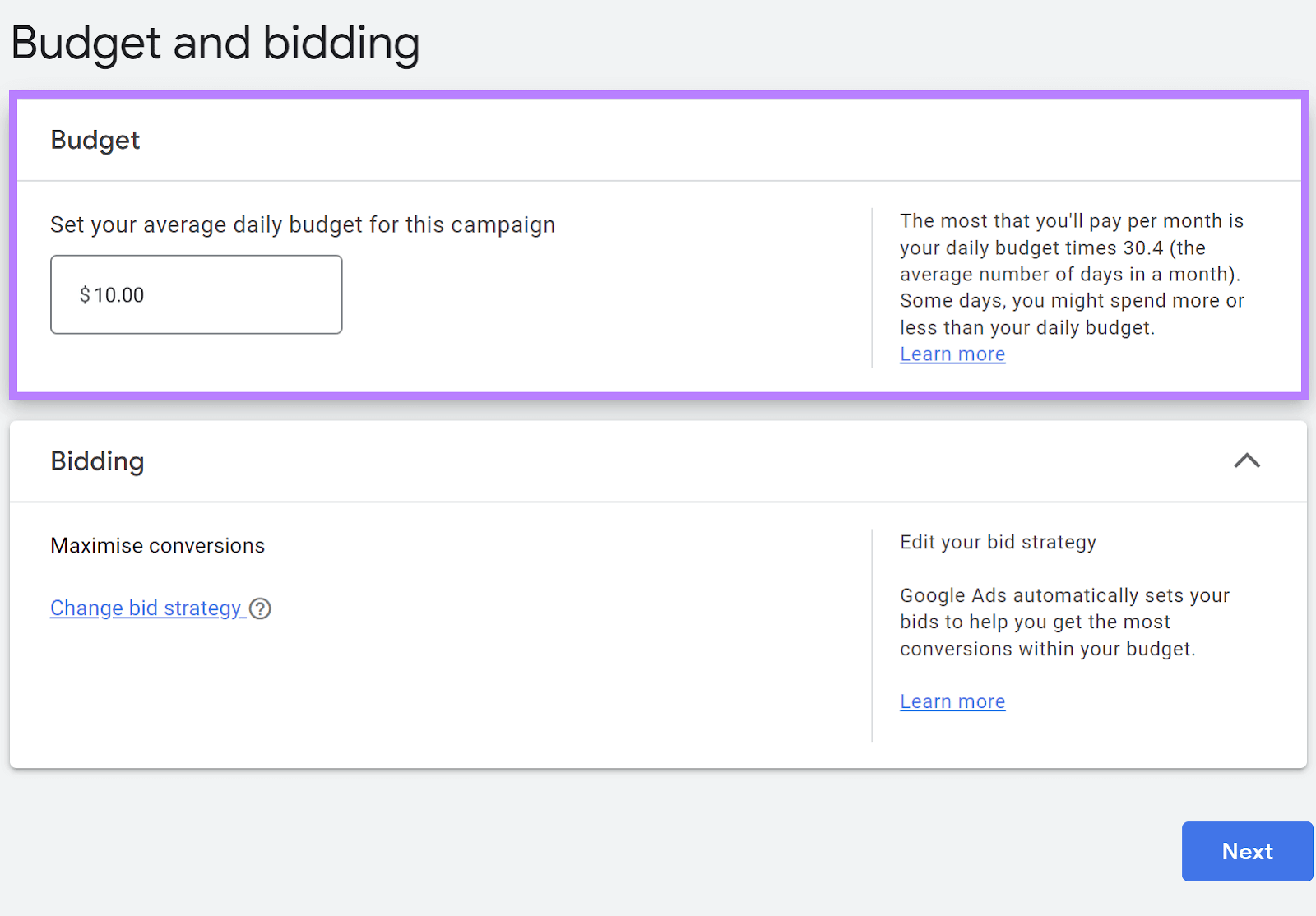 "Budget and bidding" section in Google Ads