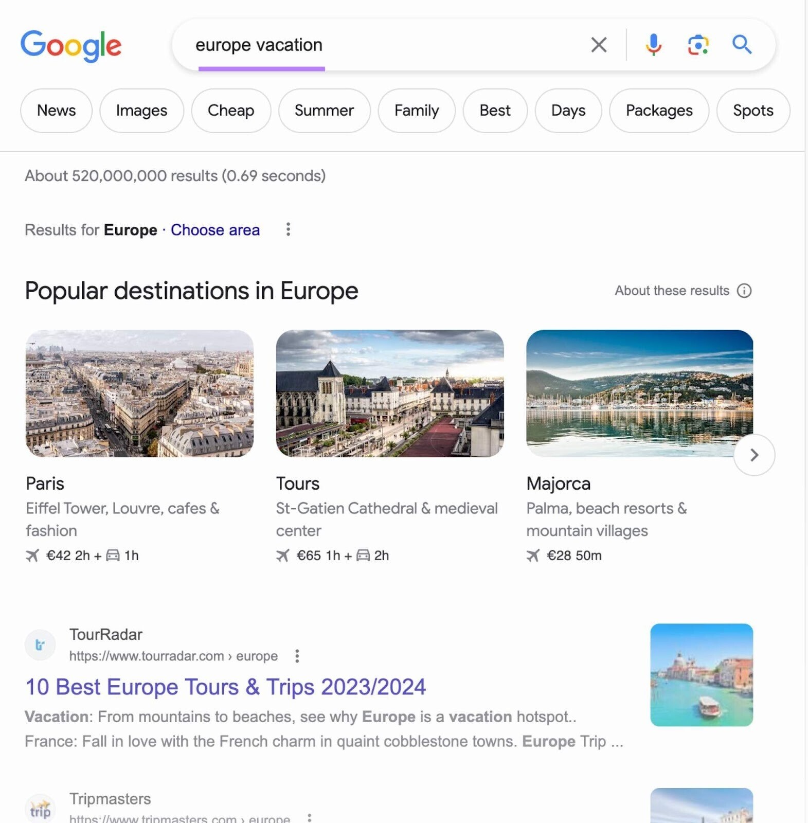 an example of Google search for "europe vacation"