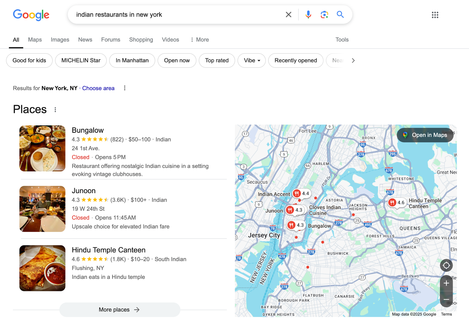 Local search results show a local map pack of three businesses and the Google Map of their locations.