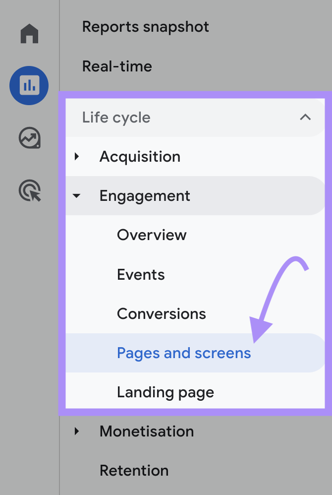 Navigating to “Pages and screens” in GA4 sidebar