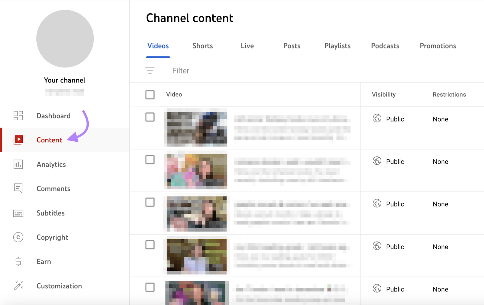 "Channel content" page in YouTube