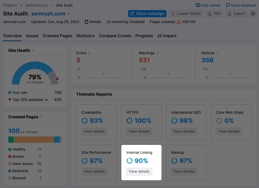 Tableau de bord de présentation de l'audit de site avec la case « Liens internes » en surbrillance