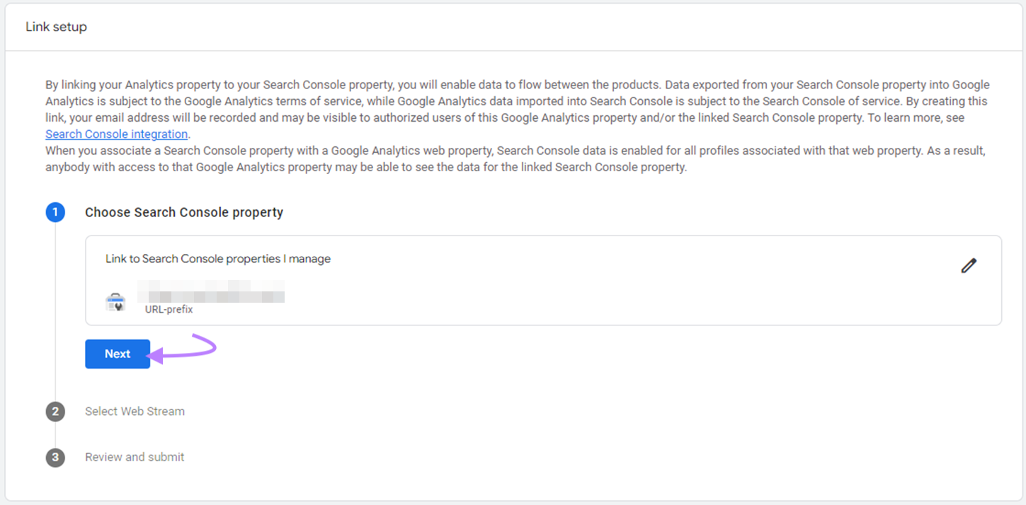 Botão “Próximo” destacado na página "Configuração de Vinculação"