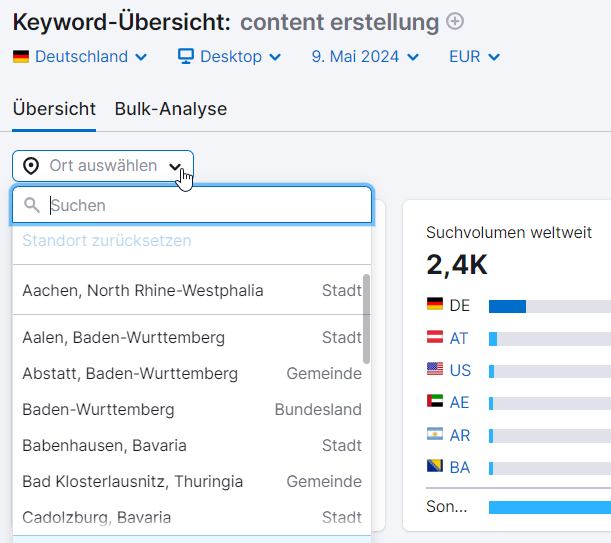 Keyword-Übersicht: Auswahl der Region