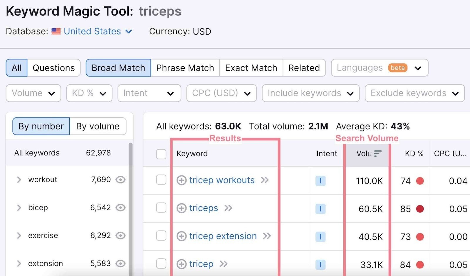 Results and volume in Keyword Magic Tool