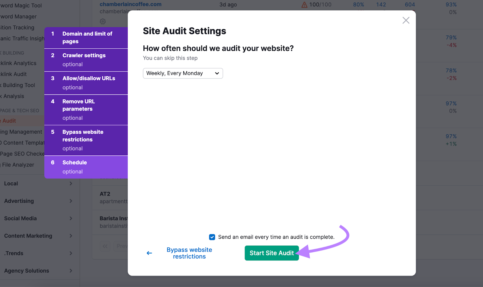 "Start Site Audit" button