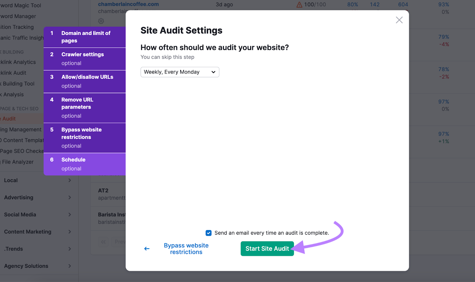 "Schaltfläche "Site Audit starten