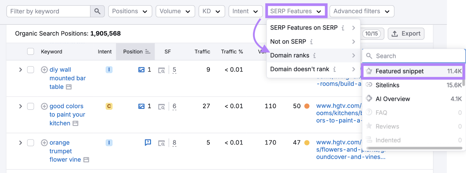 Filter SERP Features, domain ranks, then choose which SERP feature to search by.