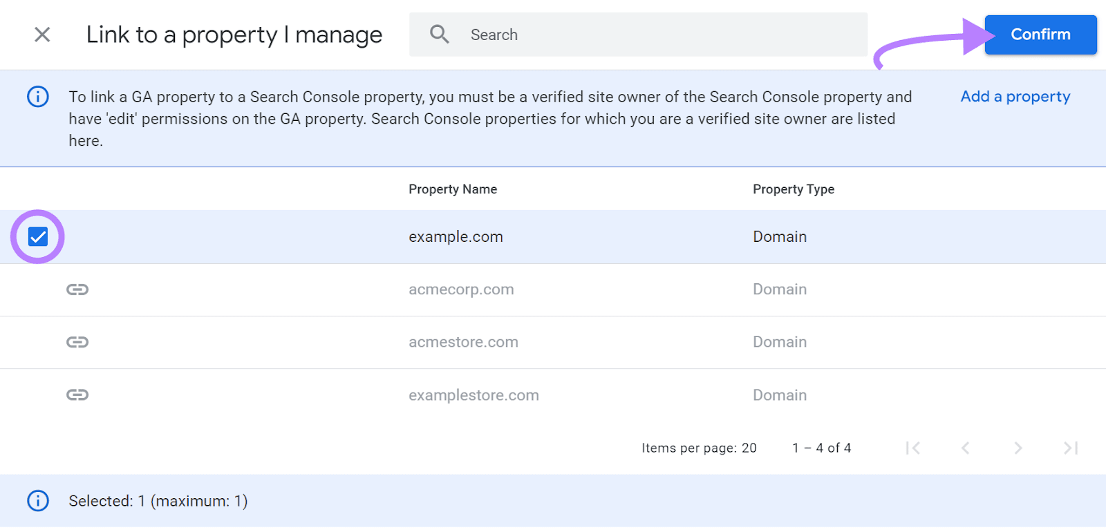 "example.com" GSC property selected