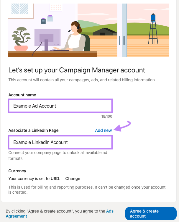 LinkedIn Campaign Manager set up with account name and LinkedIn Page text fields highlighted