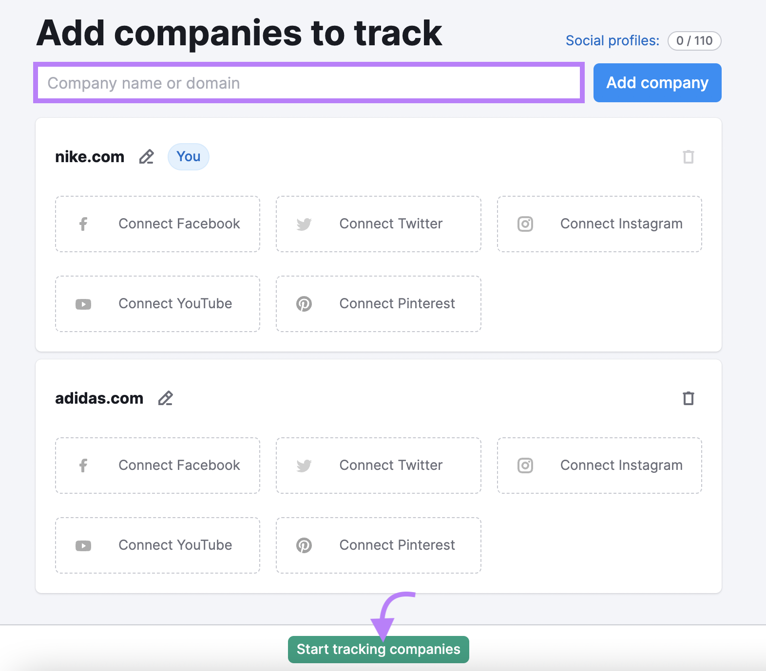 "Add companies to track" page in Social Tracker tool