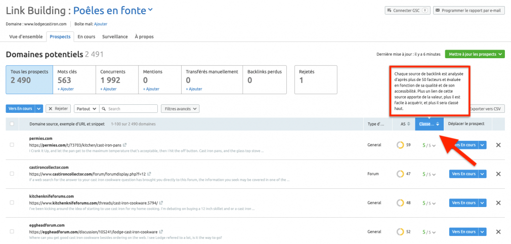 Link Building Tool, filtre en fonction de la notation