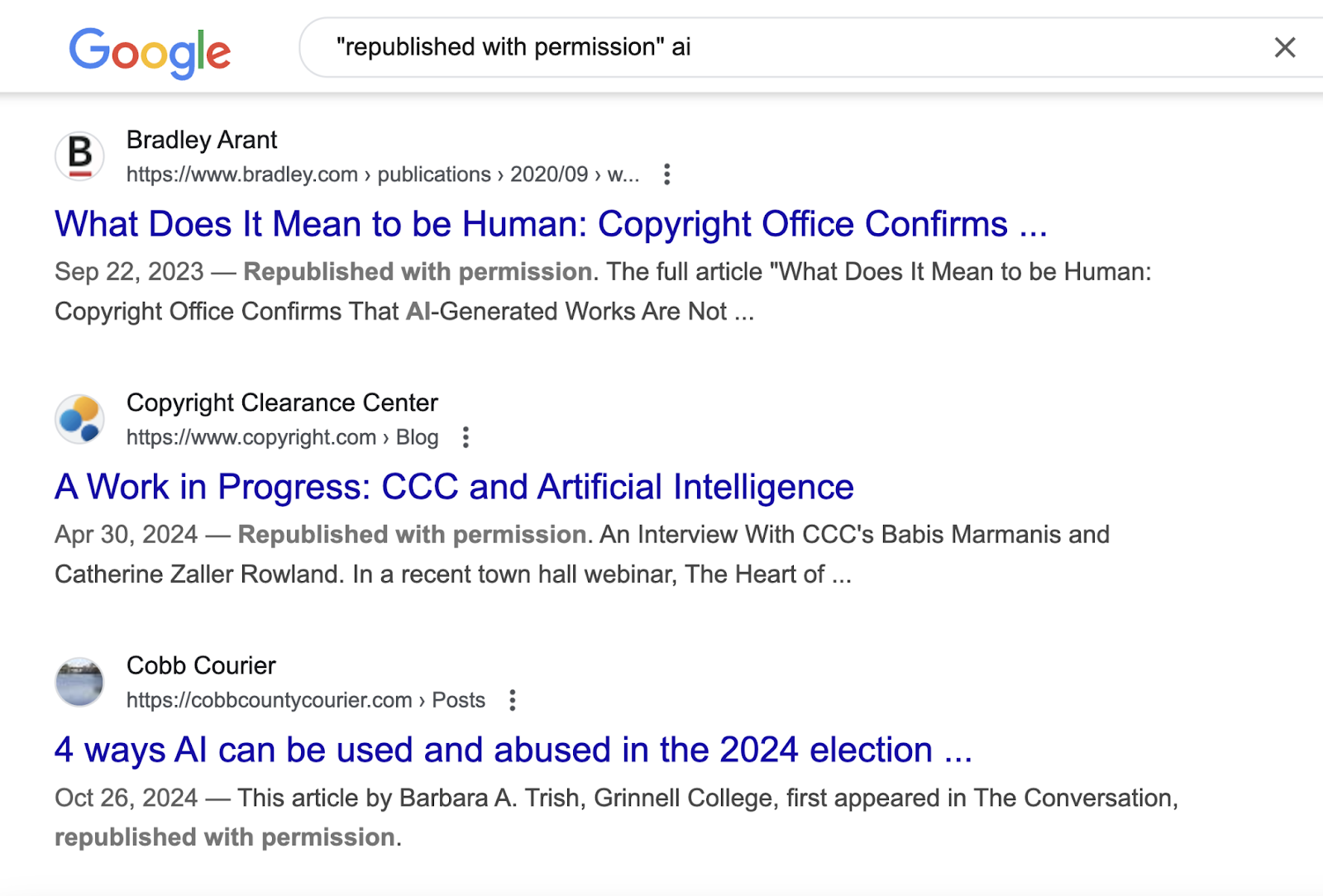 Search for "republished with permission" ai shows search engine results of syndicated content.