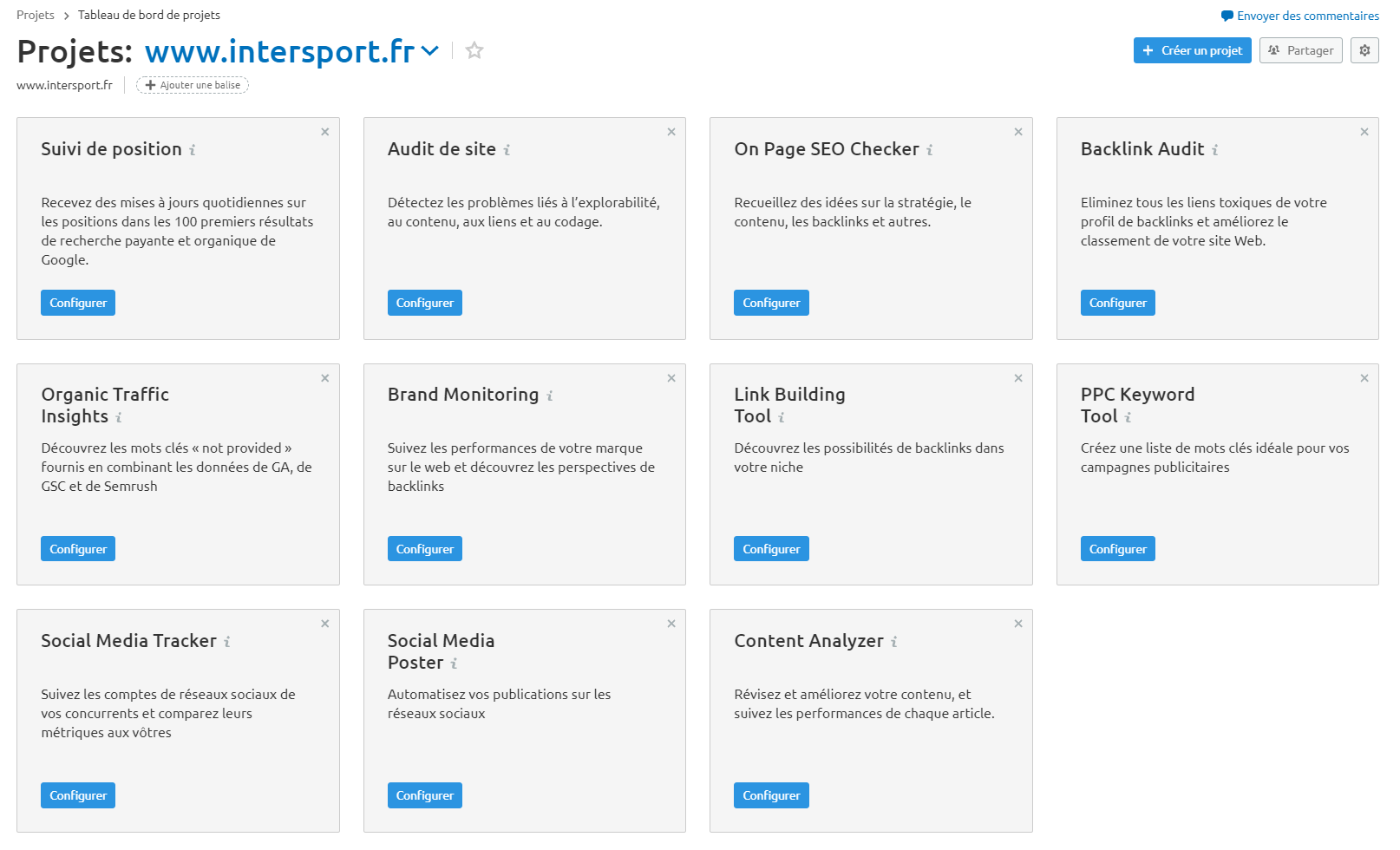 Semrush Projets Tableau de bord