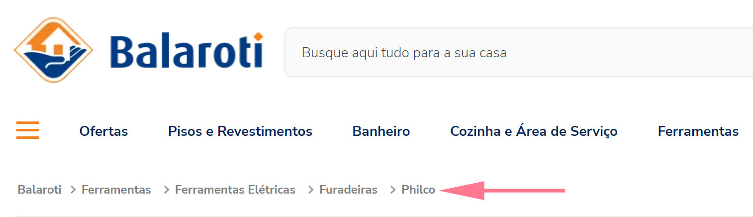 exemplo de breadcrumbs no site da balaroti