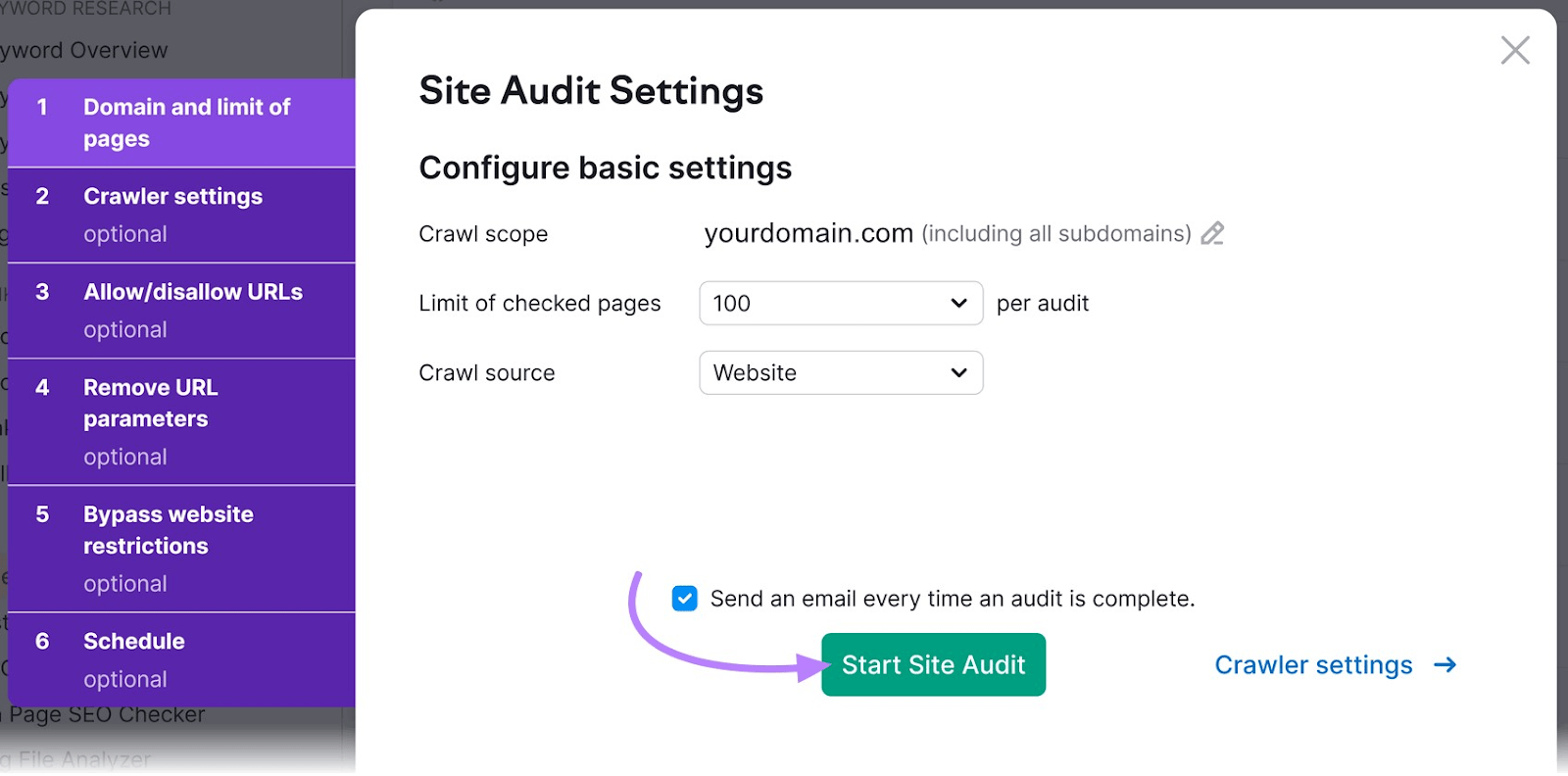 "Site Audit Settings" window