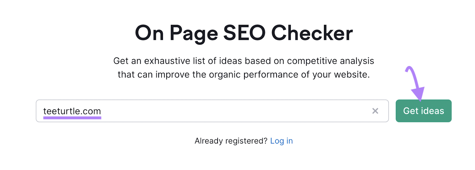 "teeturtle.com" est entré dans la barre de recherche On Page SEO Checker