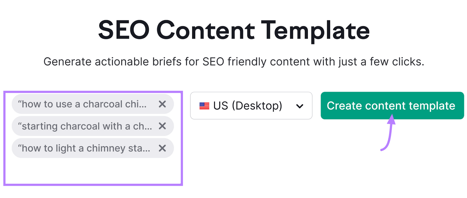 SEO Content Template interface with sample search queries for charcoal chimney use and a "Create content template" button.