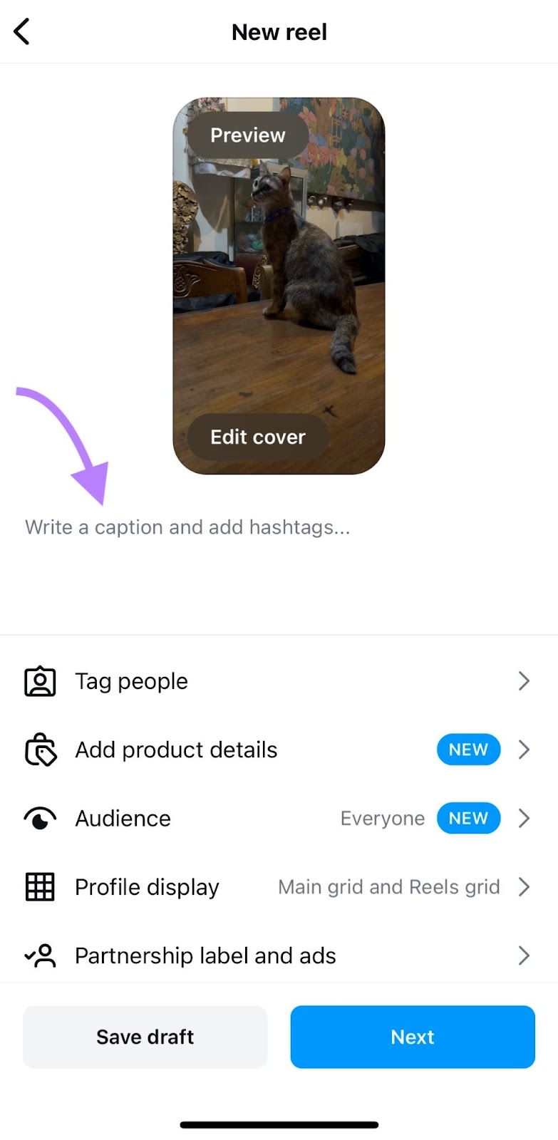 "Write a caption and add hashtags..." section for creating a new reel highlighted.