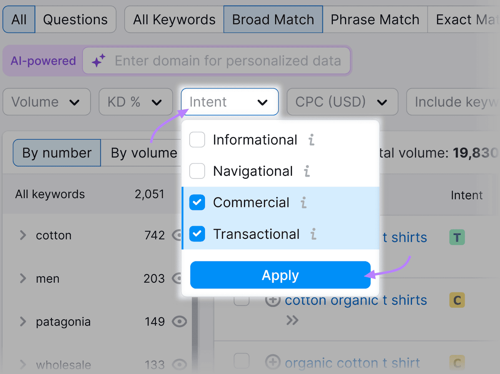 Keyword Magic Tool interface with a dropdown paper   labeled "Intent" showing selected "Commercial" and "Transactional" options.