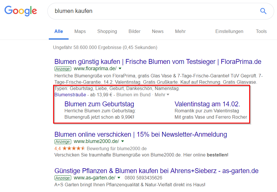 Google-Anzeigen für 'Blumen kaufen'