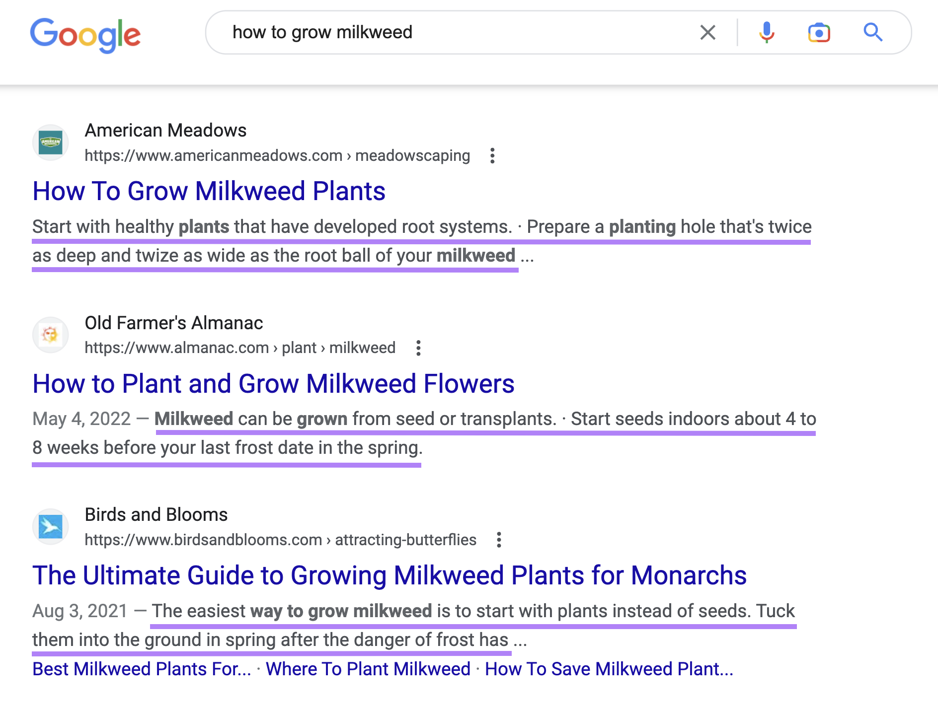 Search engine results page for how to grow milkweed