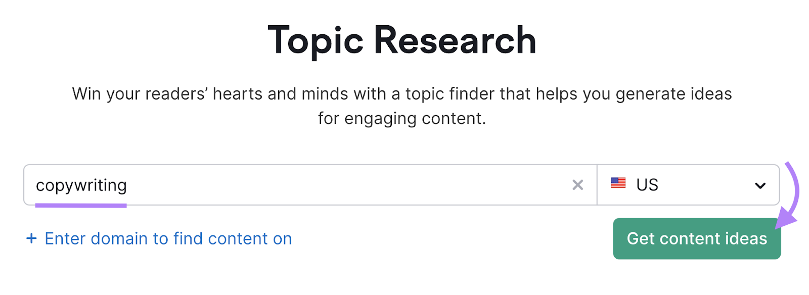 "copywriting" entered into the Topic Research tool search bar
