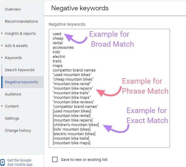 how to add negative keywords to the list